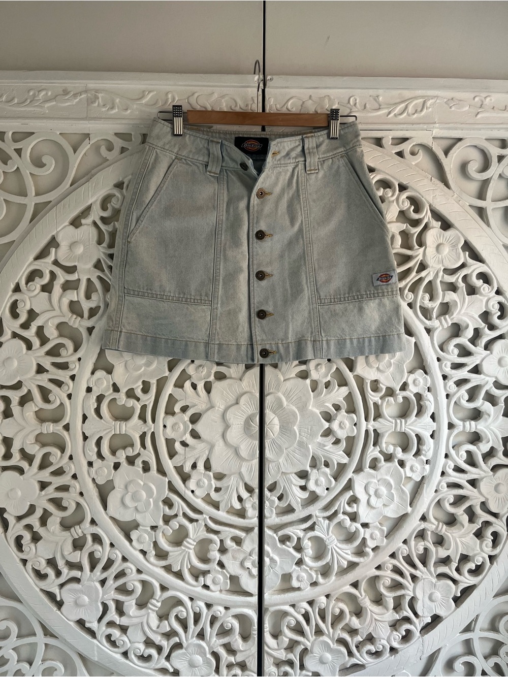 Dickies Light Wash Denim Utility Mini Skirt Button Front Workwear Small